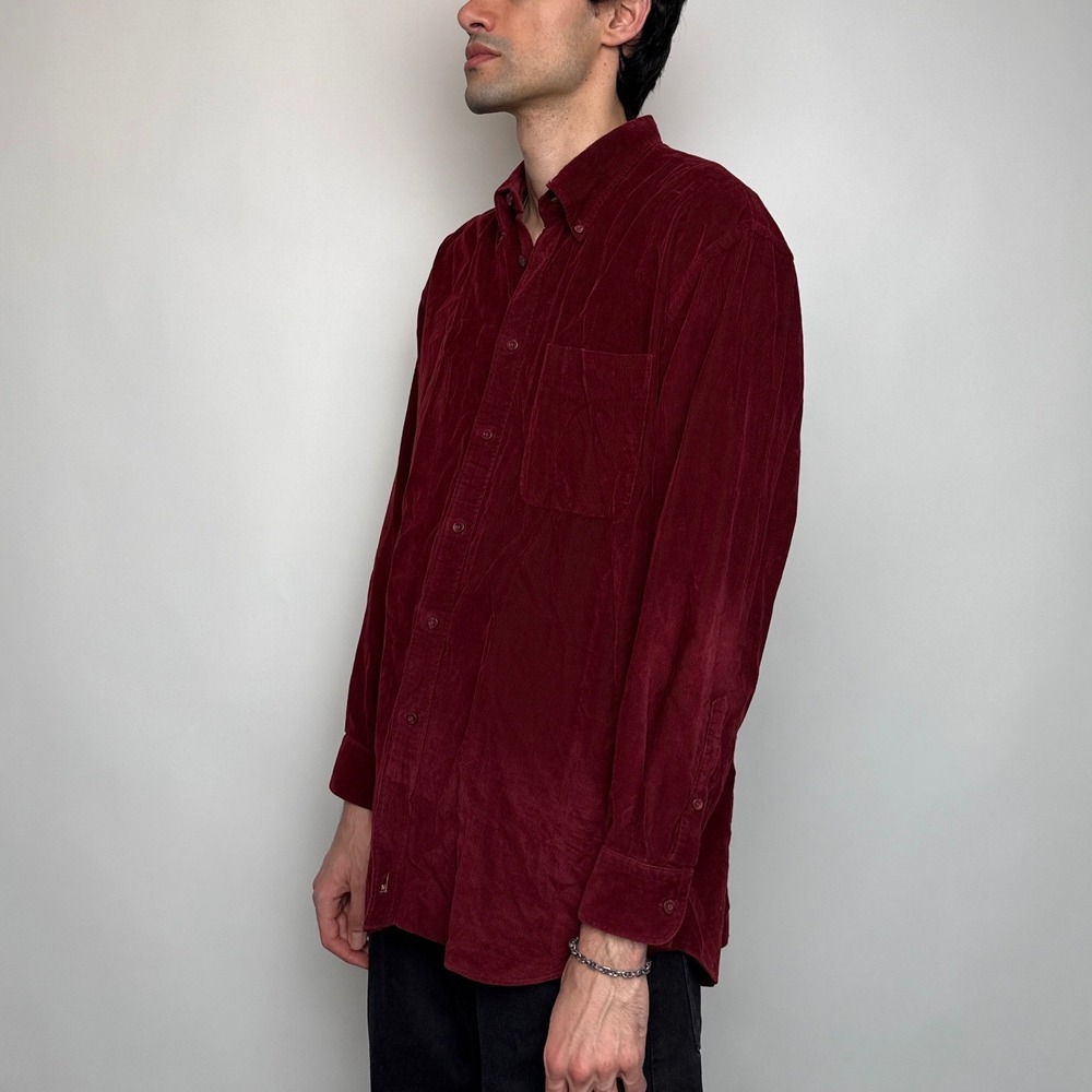 Nordstrom Mens Burgundy Corduroy Button Down Shirt Large Long Sleeve Cotton - Picture 2 of 9